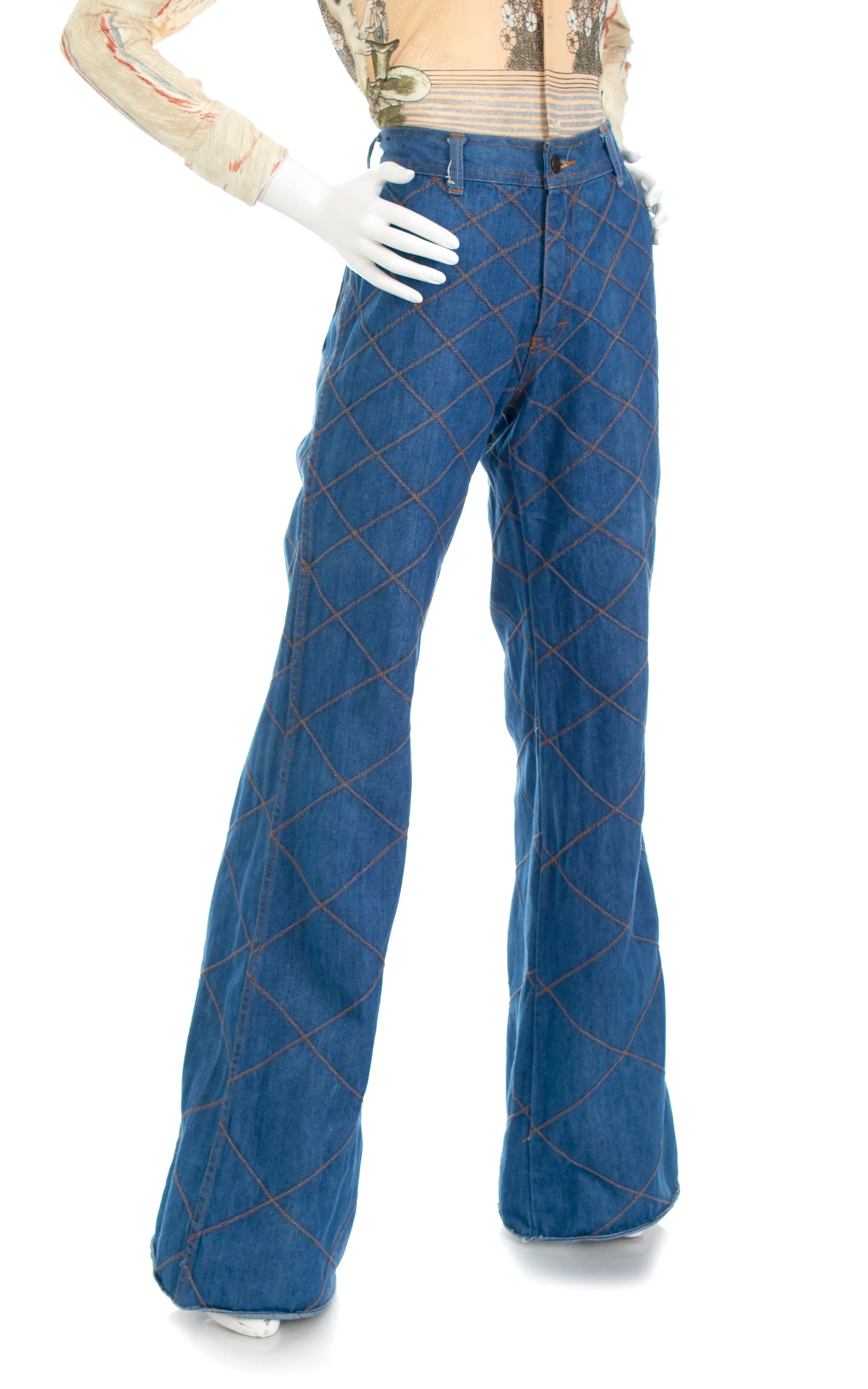 1970s Top Stitch Denim Bell Bottom Jeans | medium
