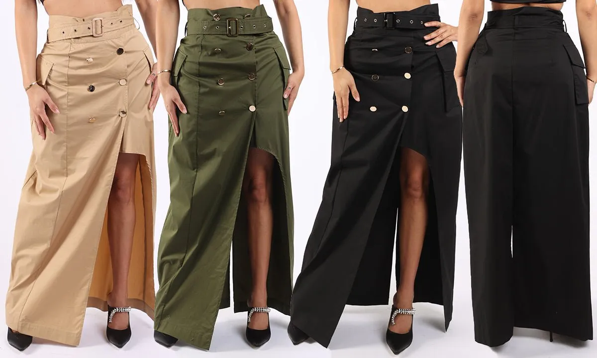 Asymmetric Belted Maxi Skirt with Pockets  Formal & Casual Chic