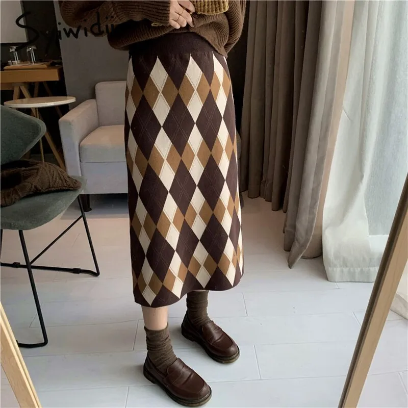 Back to College Joskaa Argyle Knit Skirts for Women Elastic High Waist Fall Winter 2024 Korean Fashion New Long A Line Casual Midi Skirt