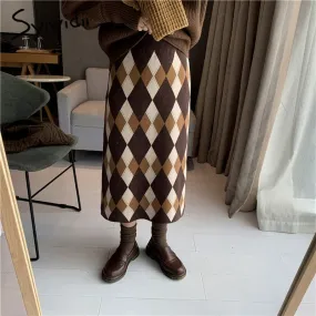 Back to College Joskaa Argyle Knit Skirts for Women Elastic High Waist Fall Winter 2024 Korean Fashion New Long A Line Casual Midi Skirt
