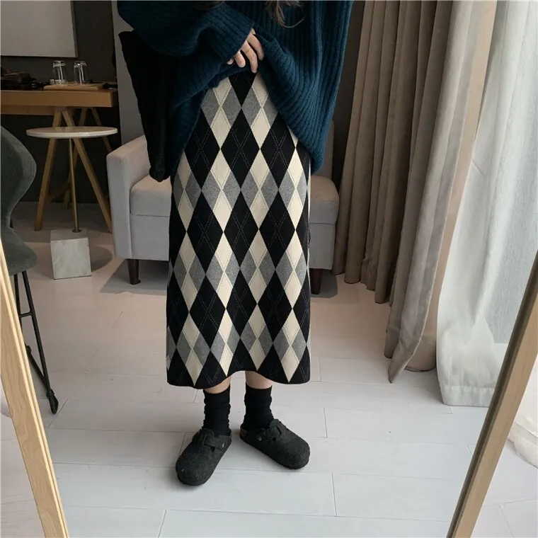 Back to College Joskaa Argyle Knit Skirts for Women Elastic High Waist Fall Winter 2024 Korean Fashion New Long A Line Casual Midi Skirt
