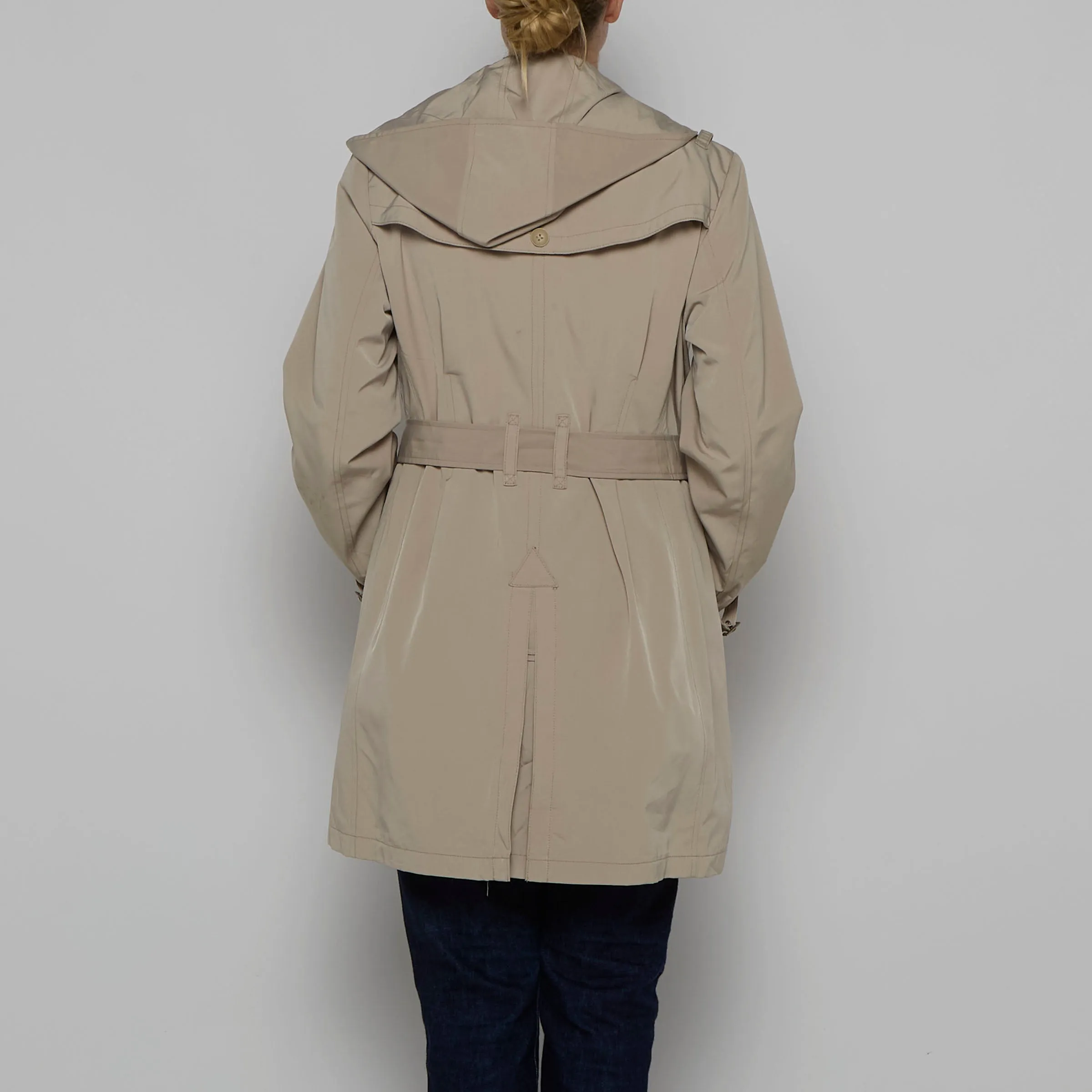 Beige Belted Trench Coat with Hood - L