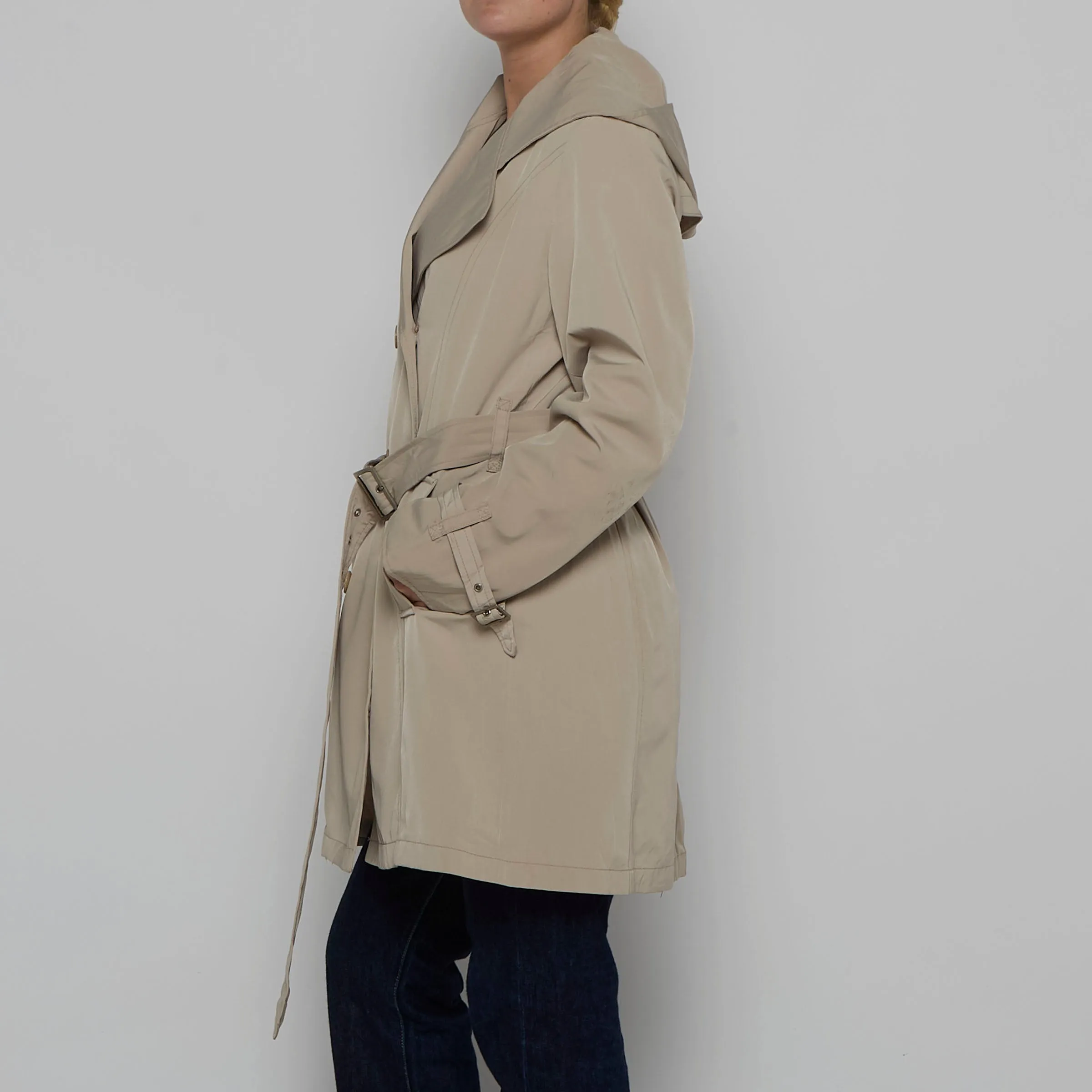 Beige Belted Trench Coat with Hood - L
