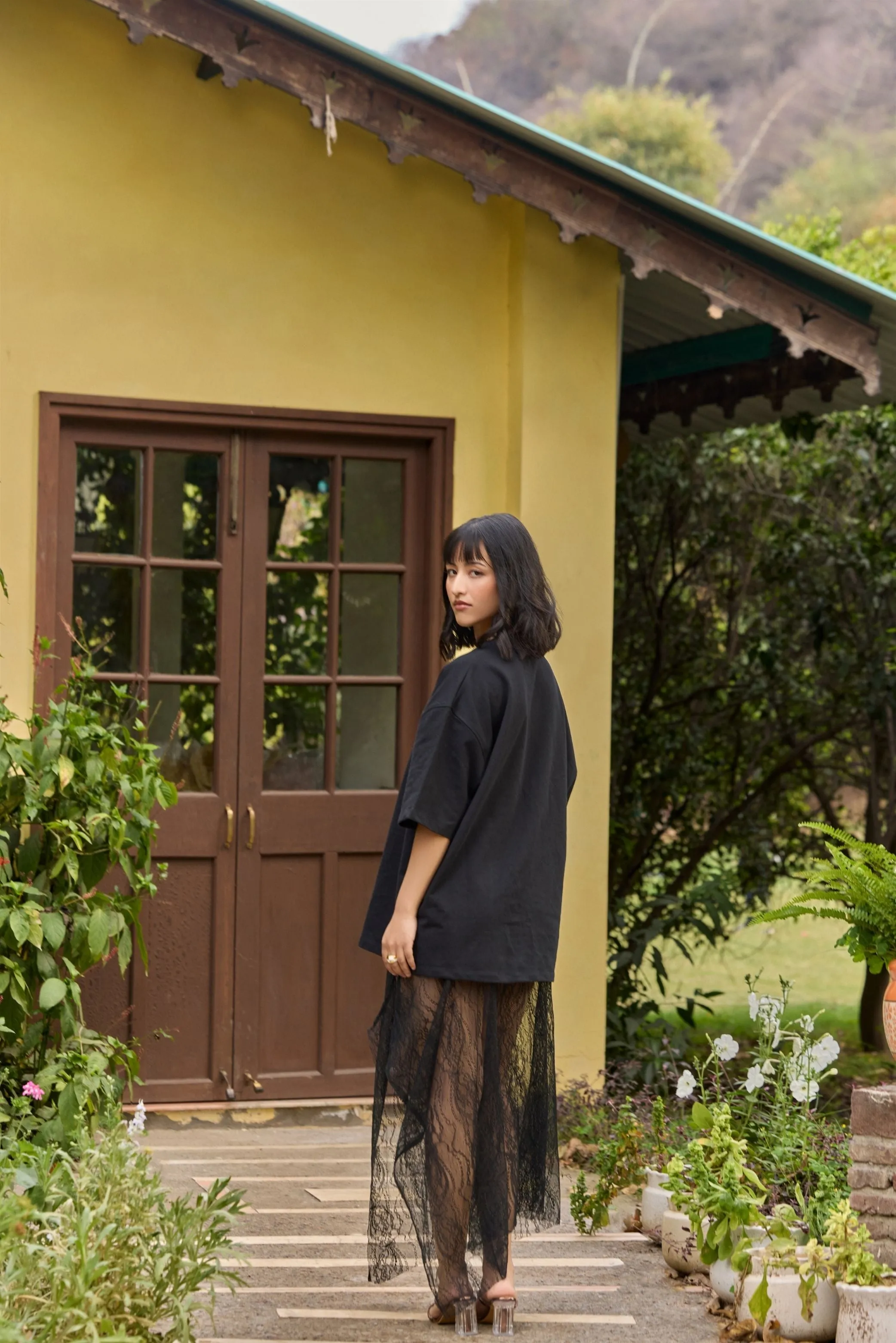 Black Asymmetric Lace Maxi Skirt