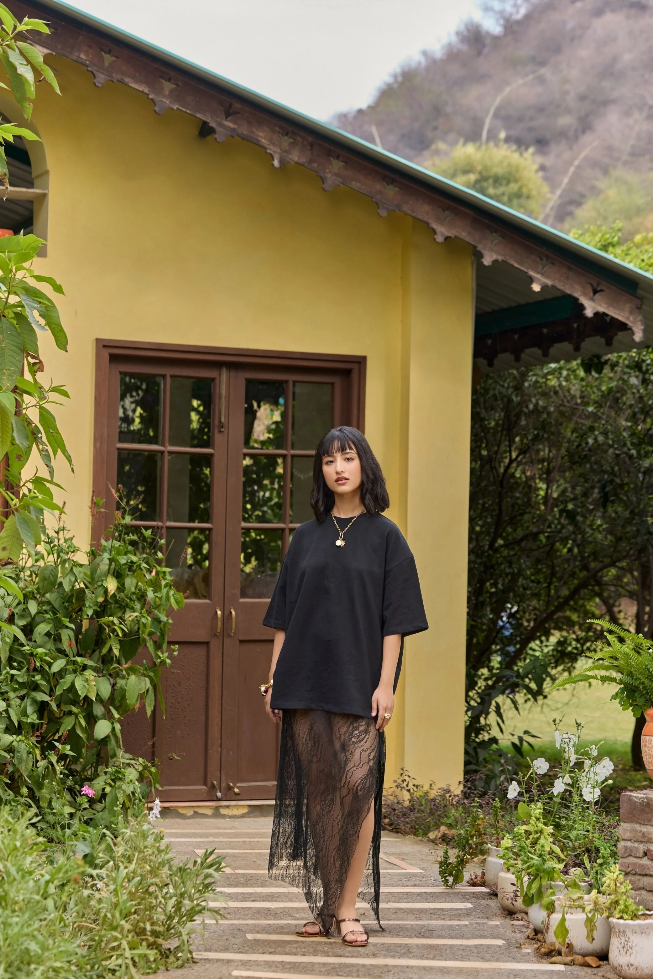Black Asymmetric Lace Maxi Skirt