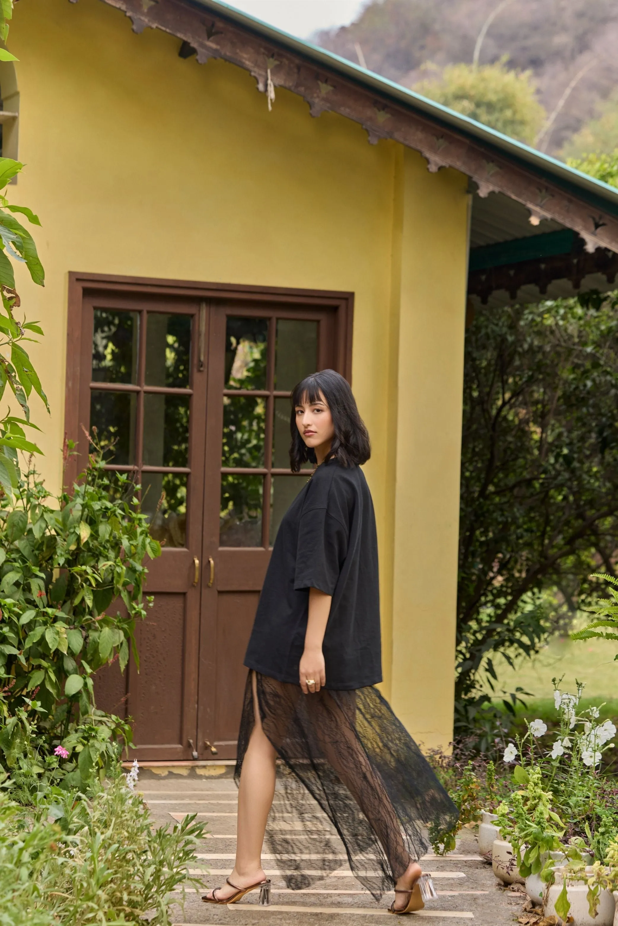 Black Asymmetric Lace Maxi Skirt