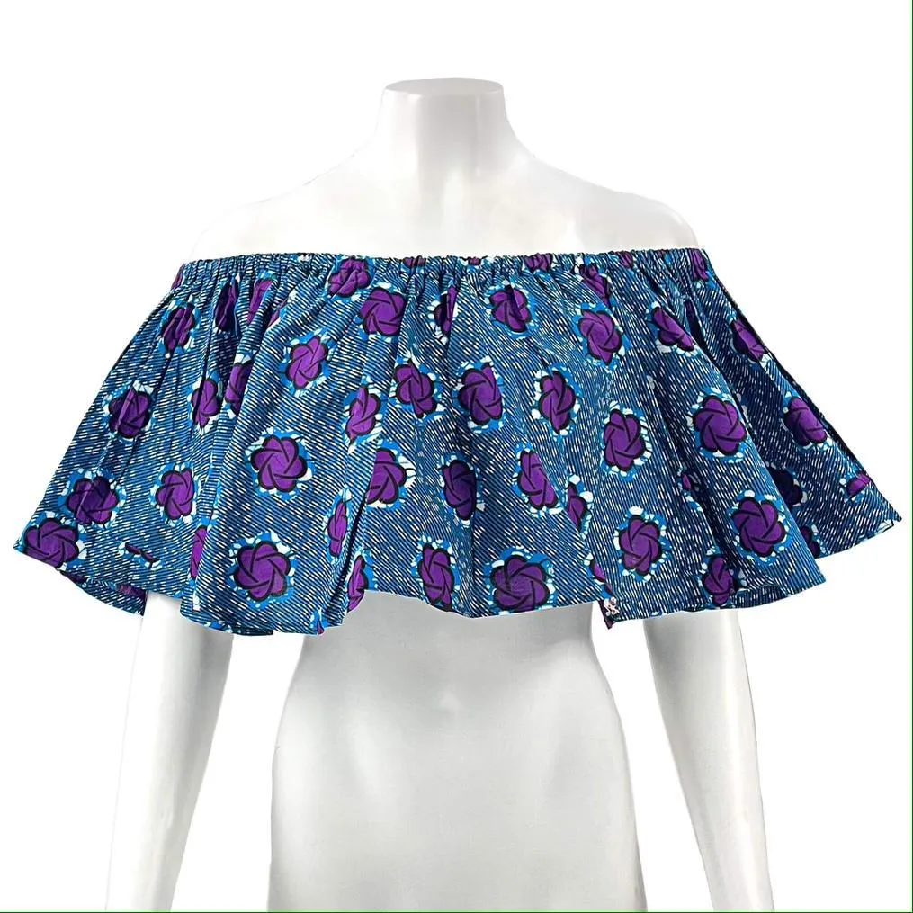 Blue & Purple Off-Shoulder Ankara Top