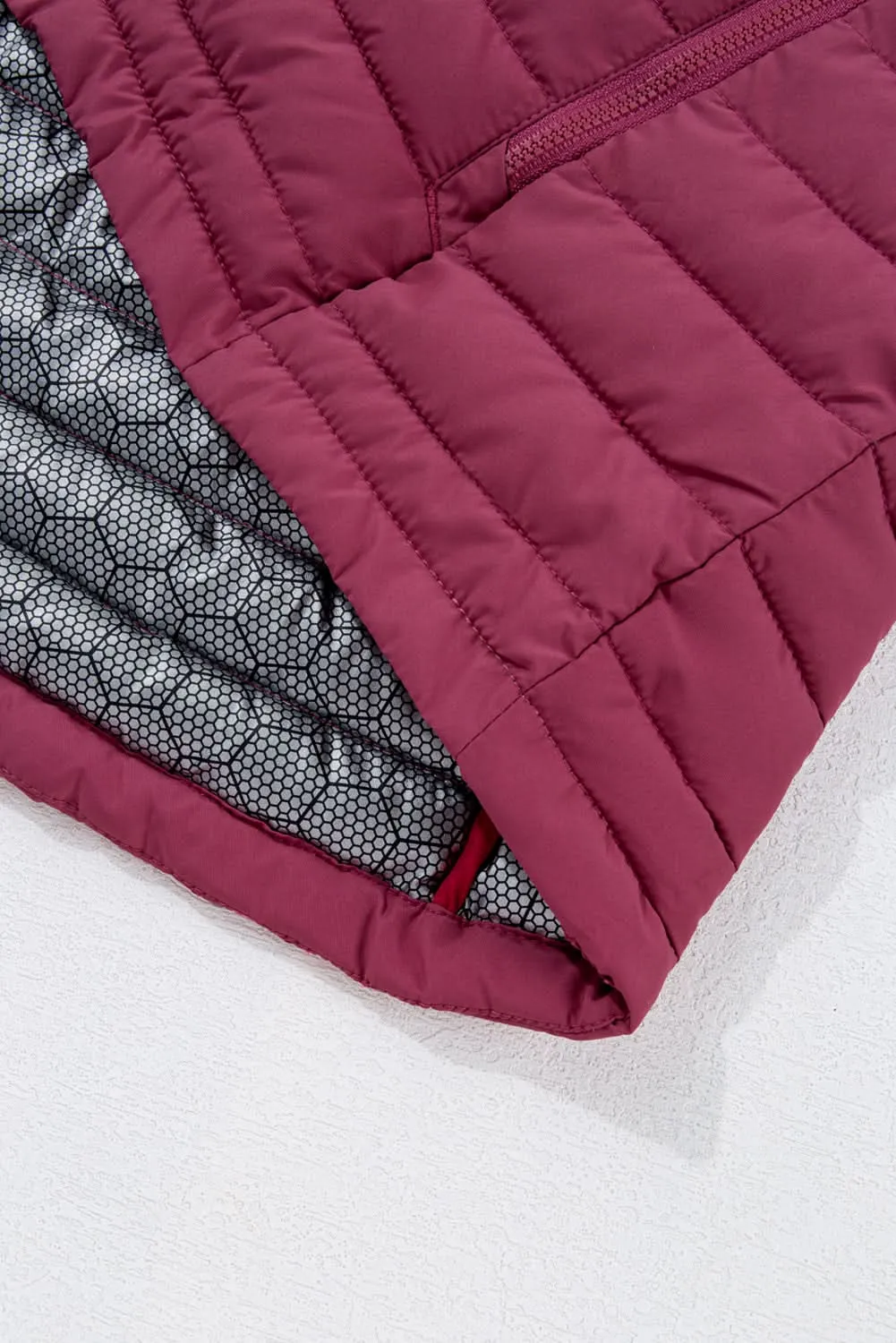 Burgundy Plush Collared Quilted Zipped Puffer Vest