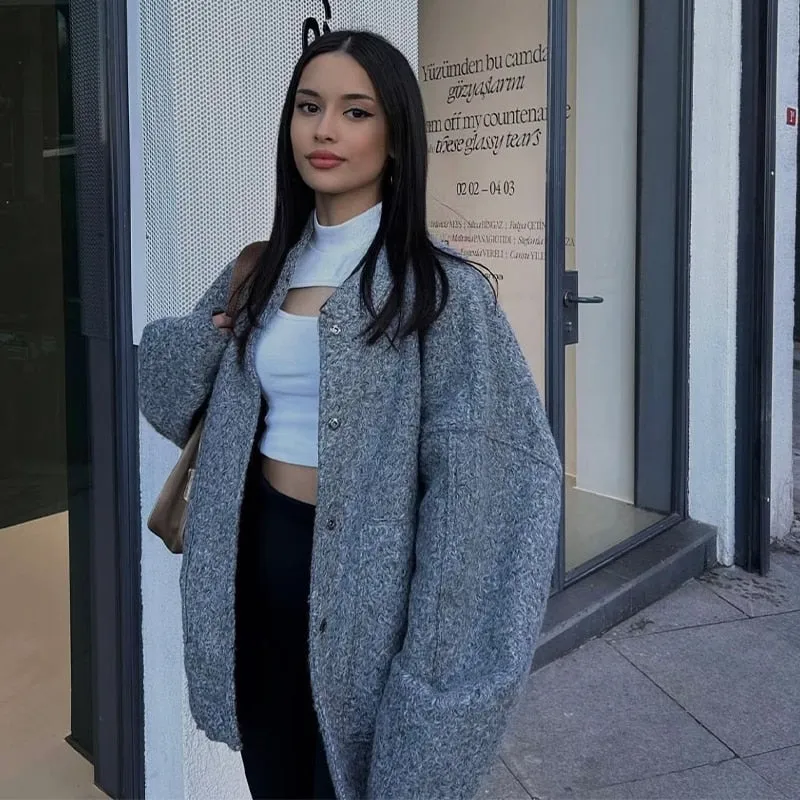 Gray Casual Jacket Women Fashion Chic Lady Long Sleeves