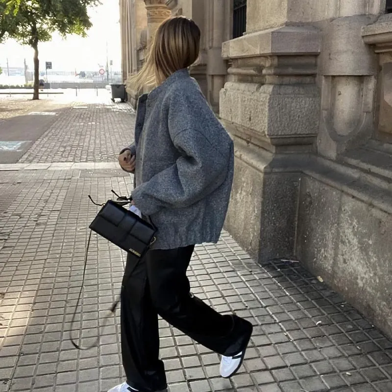 Gray Casual Jacket Women Fashion Chic Lady Long Sleeves