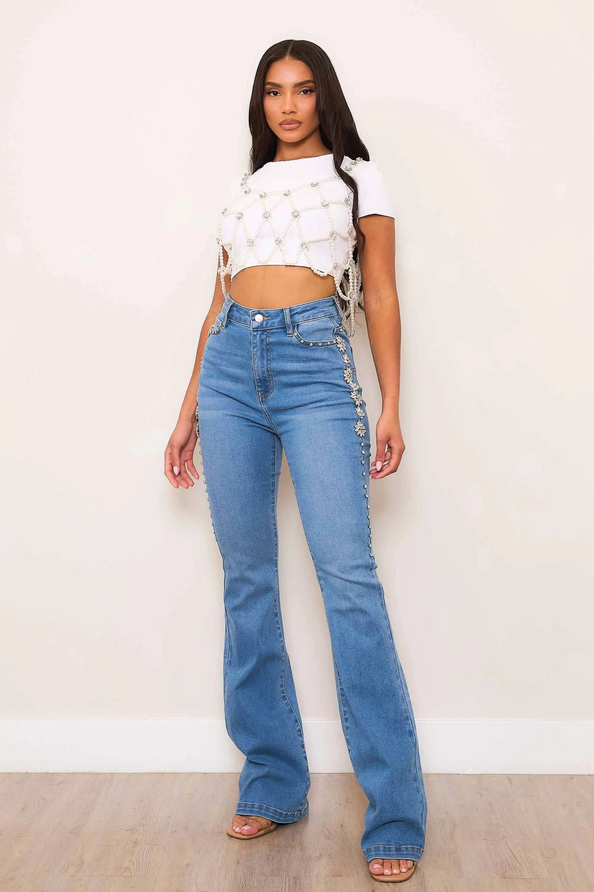 High-Rise Bootcut Jeans With Gem Stones