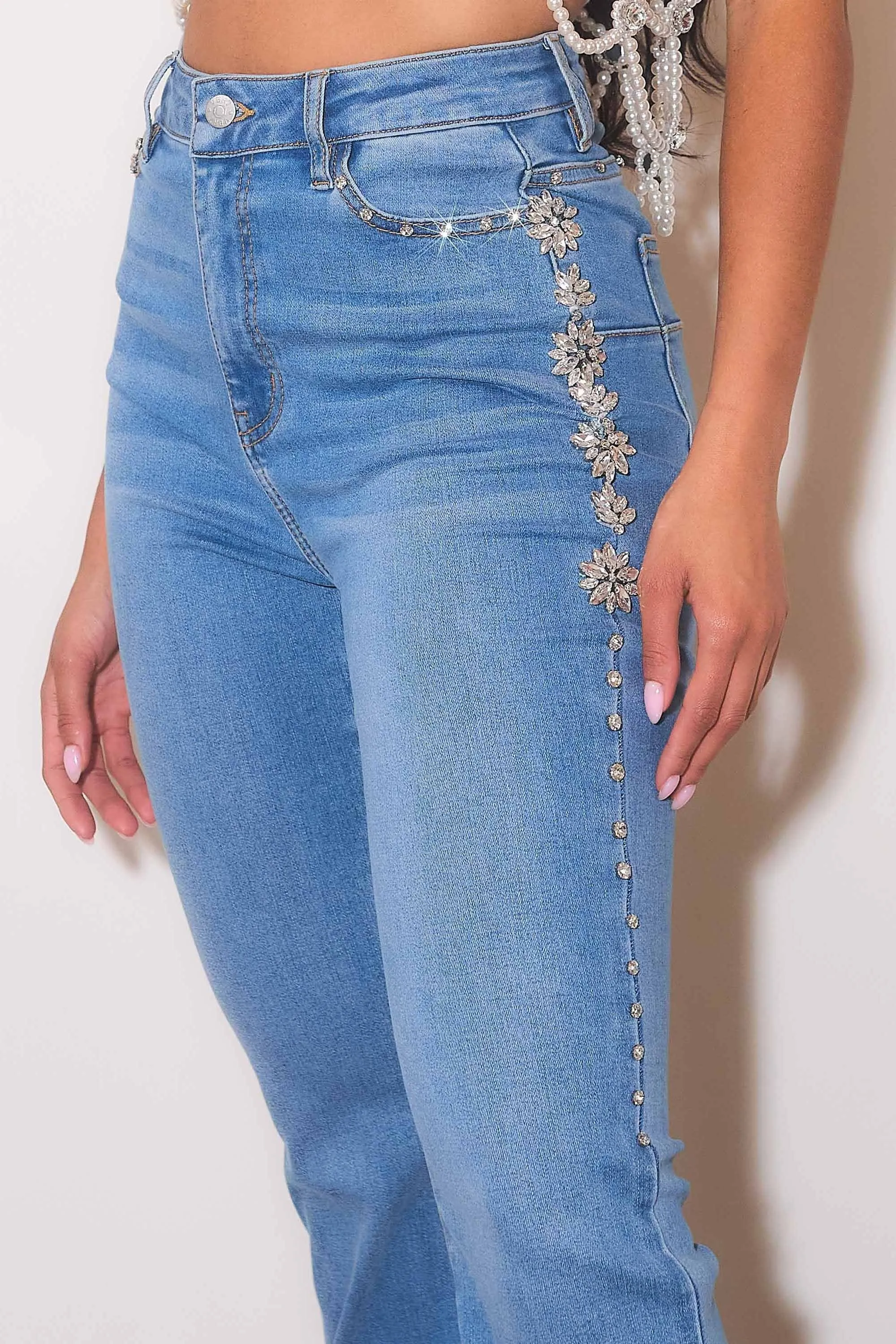 High-Rise Bootcut Jeans With Gem Stones