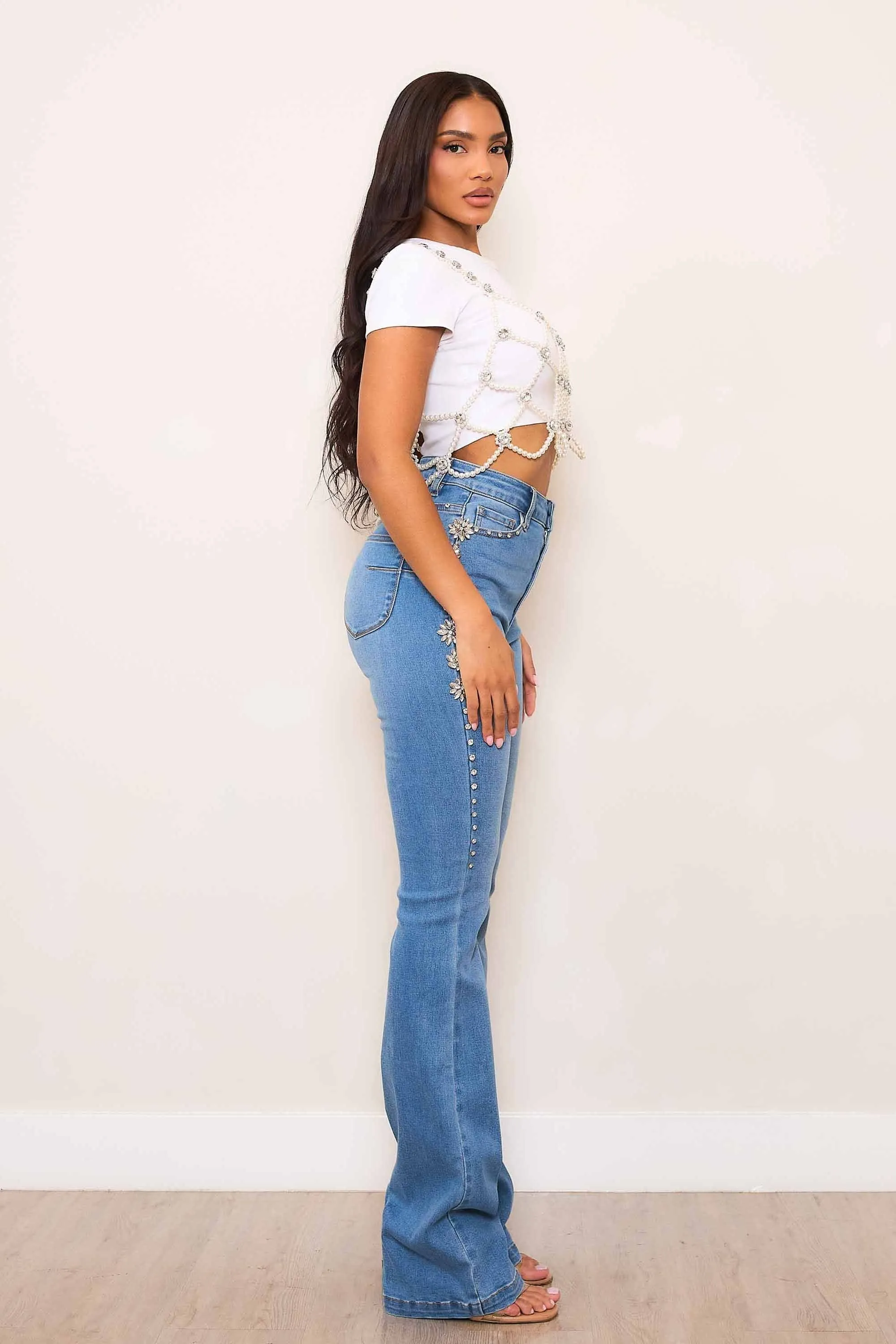 High-Rise Bootcut Jeans With Gem Stones