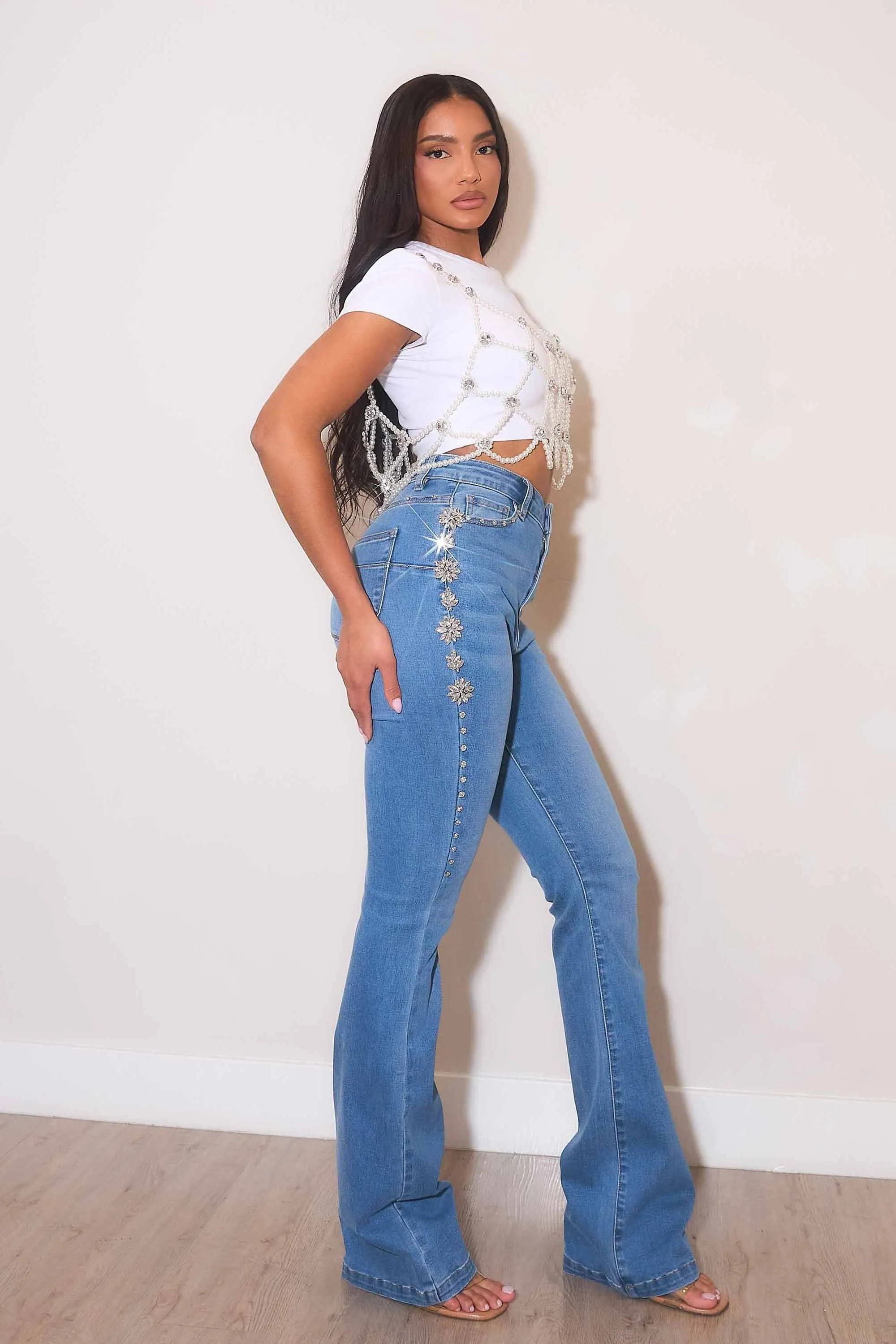 High-Rise Bootcut Jeans With Gem Stones