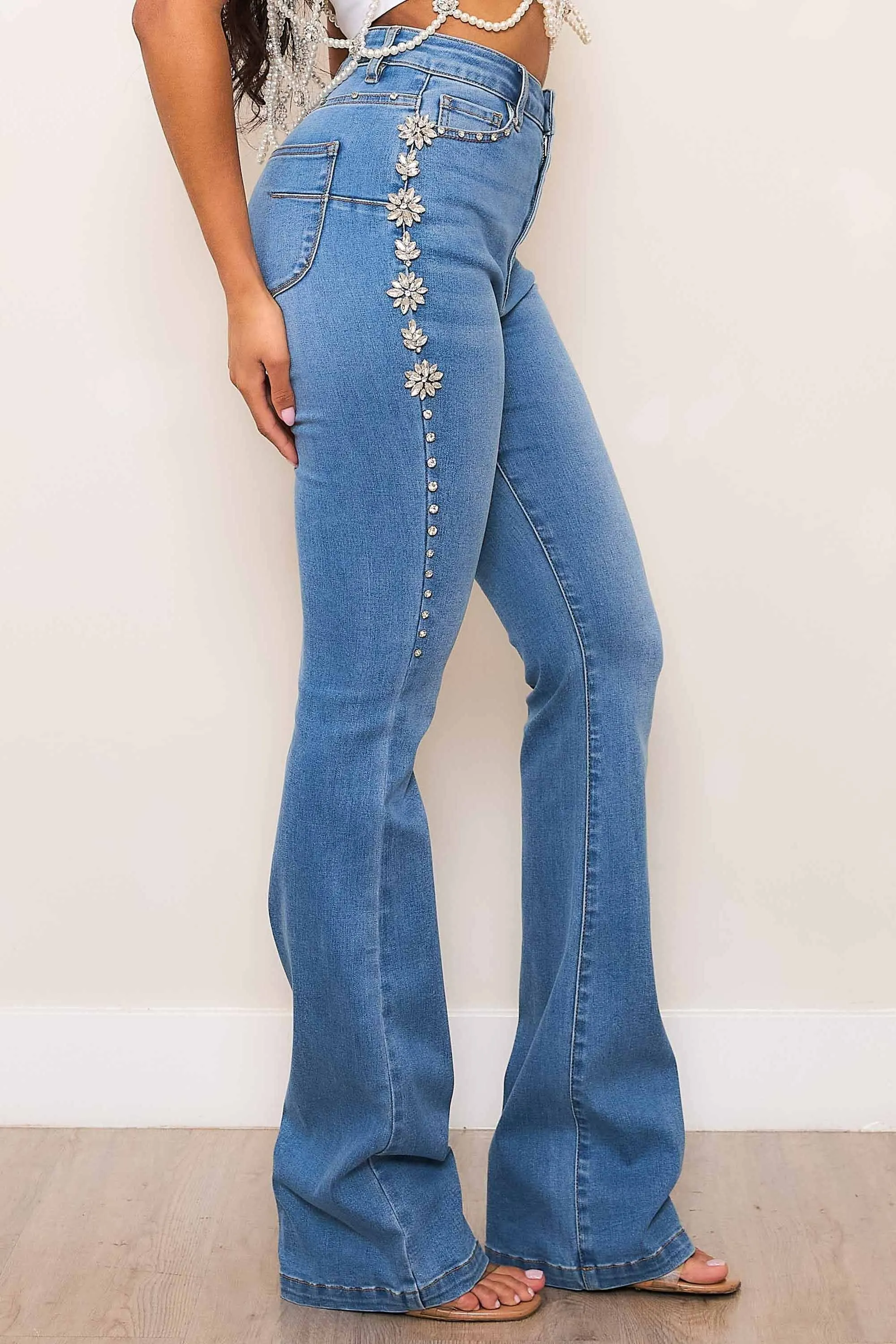 High-Rise Bootcut Jeans With Gem Stones