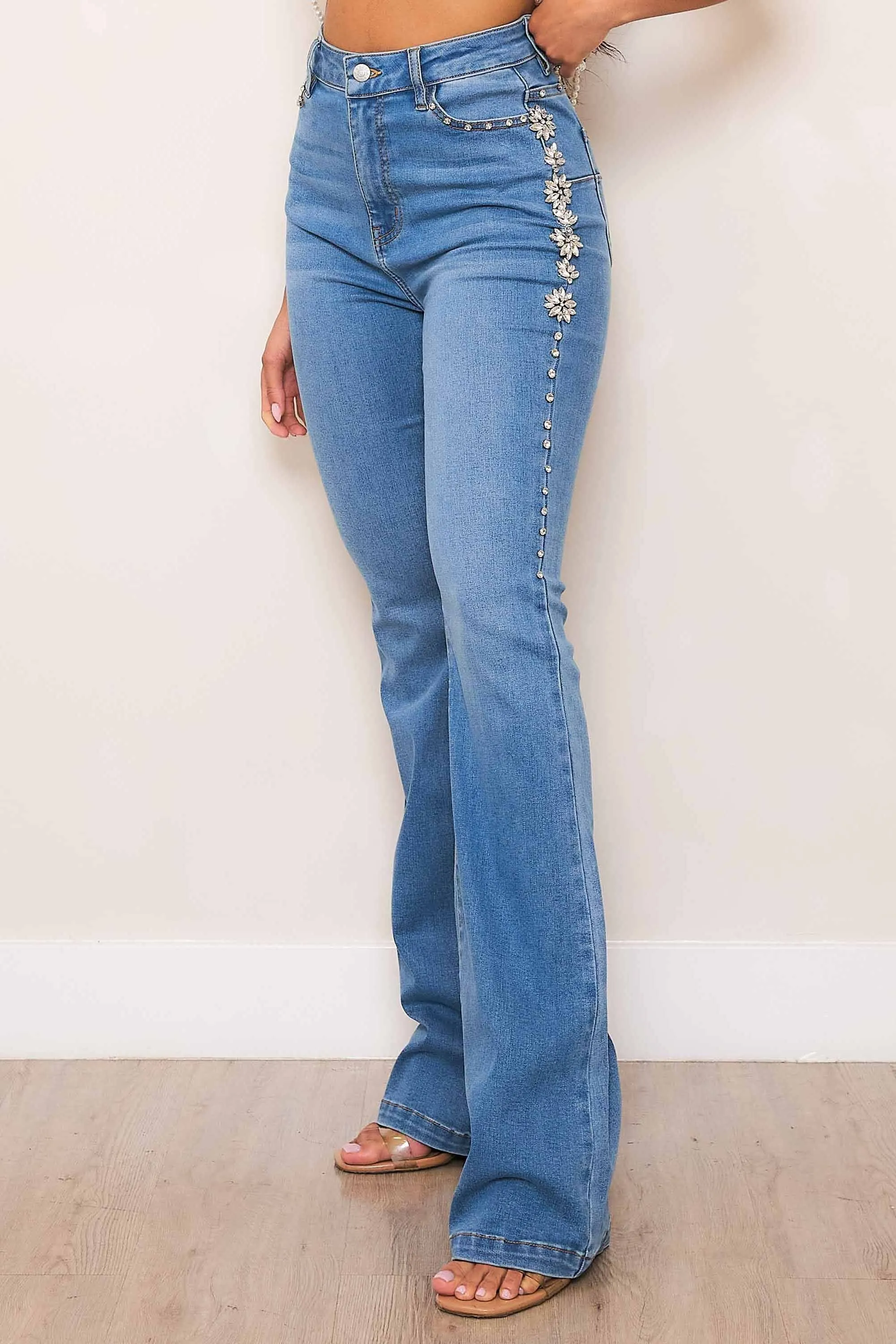 High-Rise Bootcut Jeans With Gem Stones