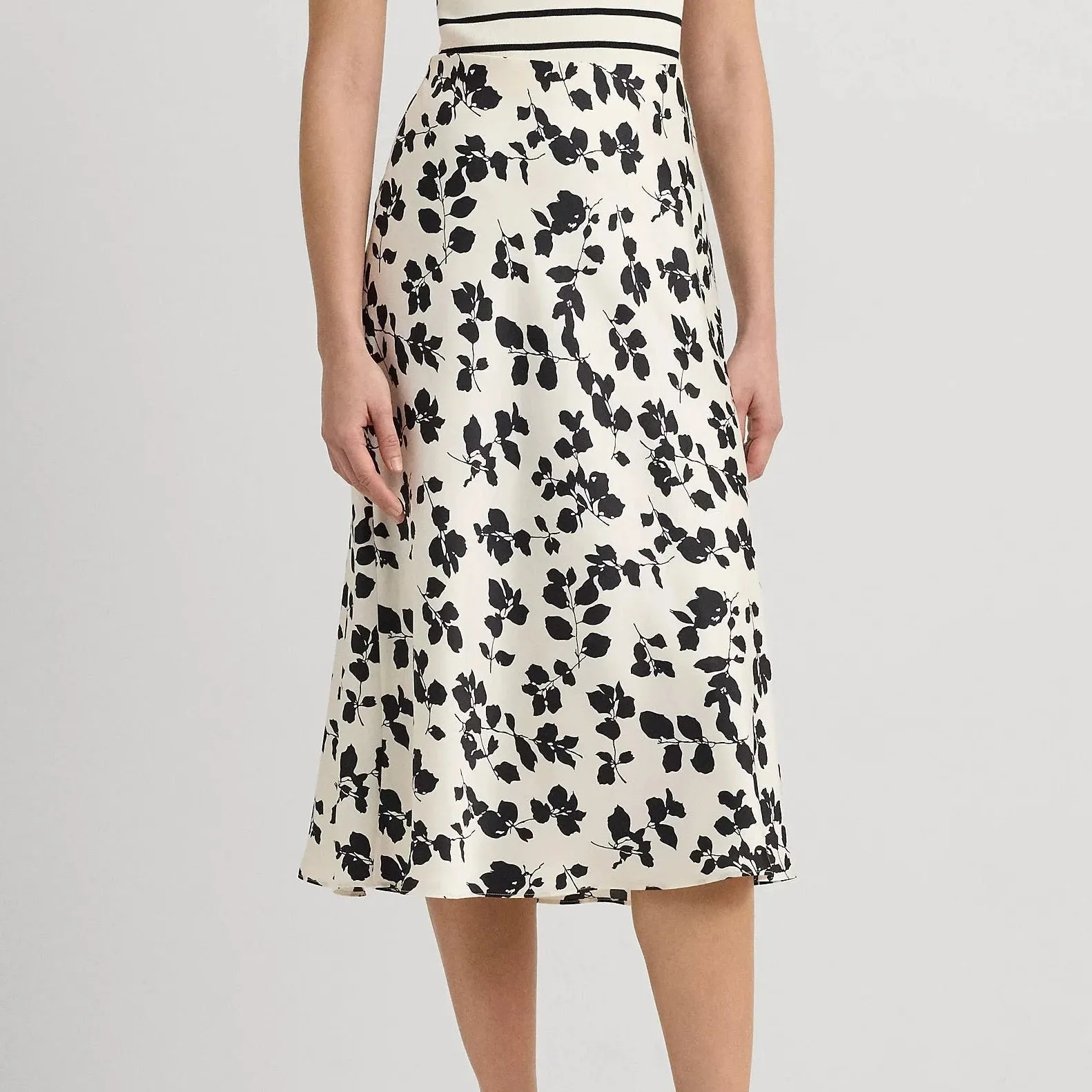 Lauren Ralph Lauren Leaf-Print Satin Charmeuse Midi Skirt in Cream/Black