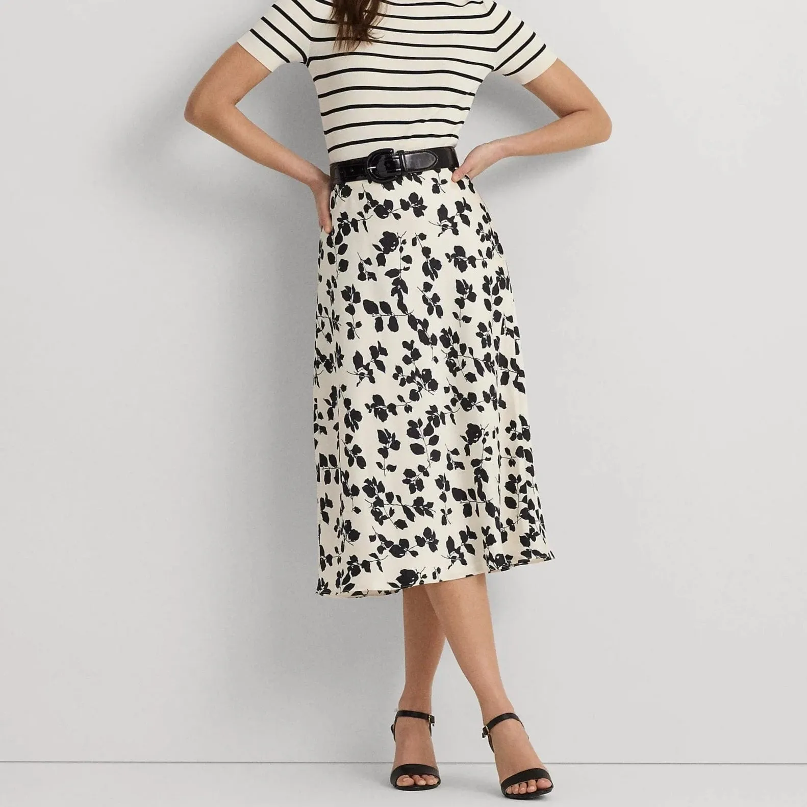 Lauren Ralph Lauren Leaf-Print Satin Charmeuse Midi Skirt in Cream/Black