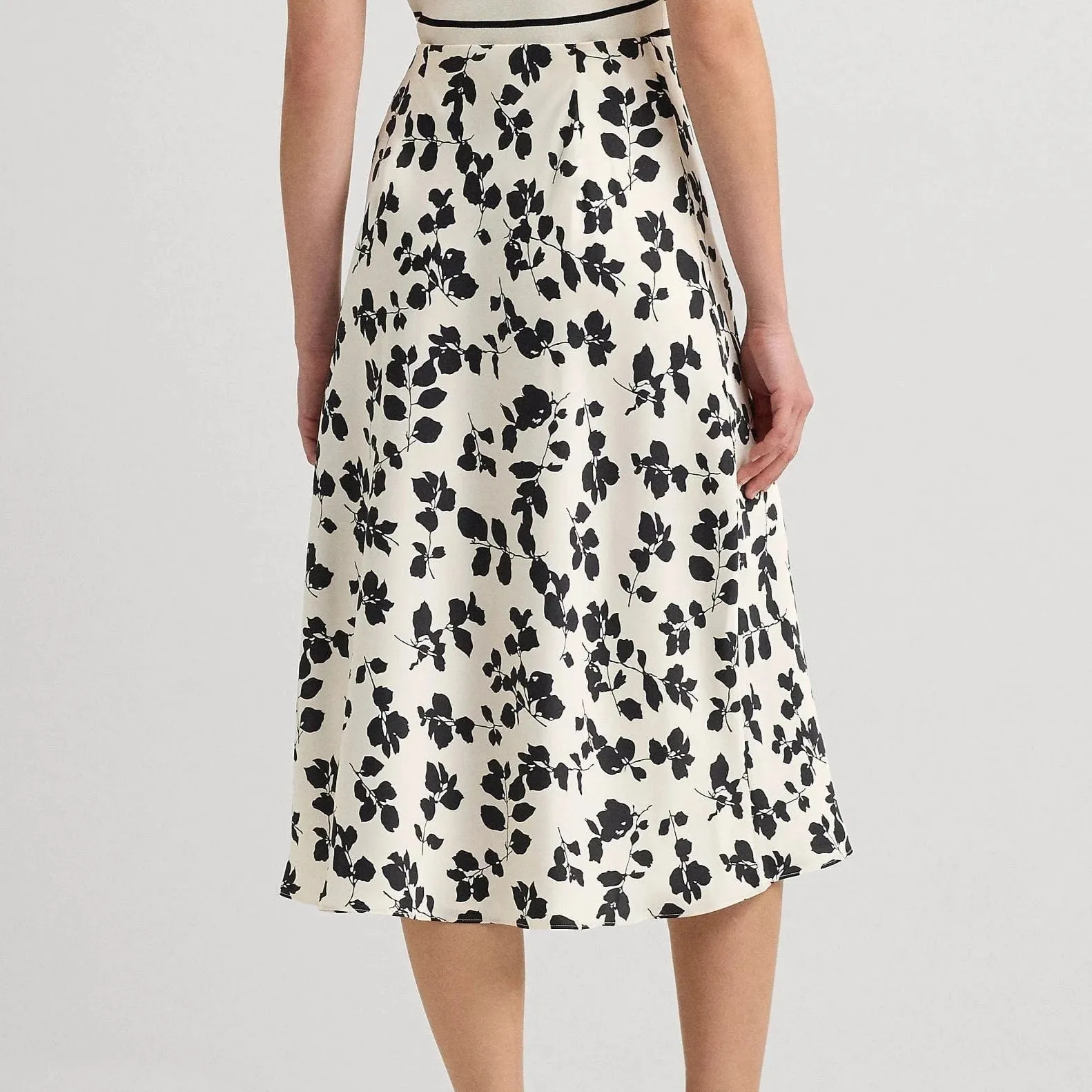 Lauren Ralph Lauren Leaf-Print Satin Charmeuse Midi Skirt in Cream/Black