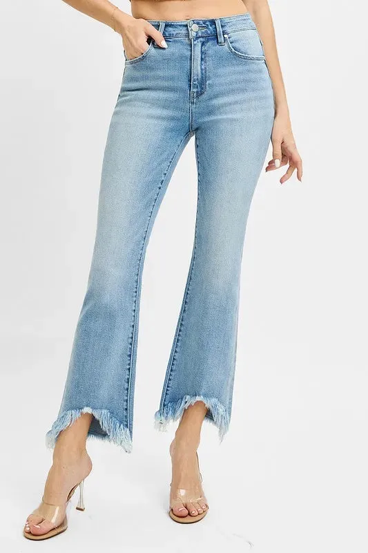 Light Wash High Rise Crop Bootcut Jeans with Fray Hem