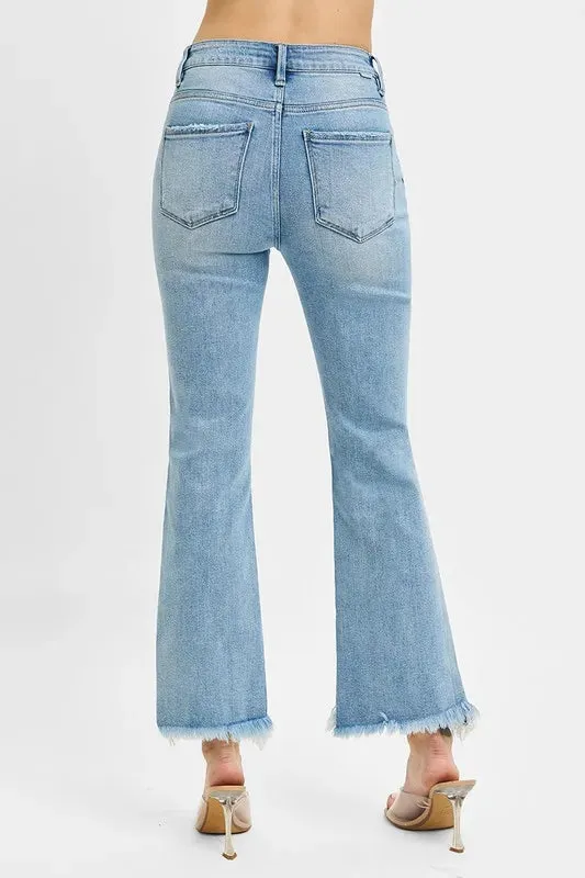 Light Wash High Rise Crop Bootcut Jeans with Fray Hem