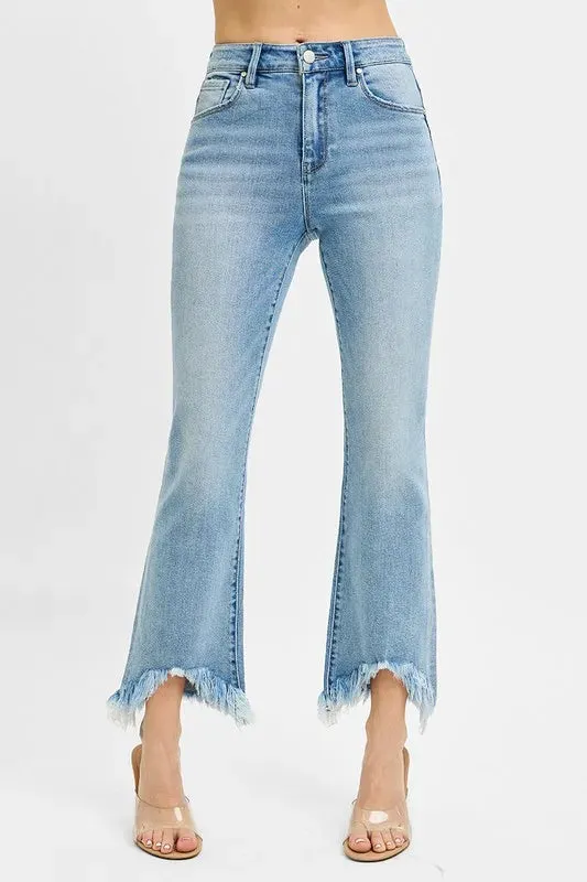 Light Wash High Rise Crop Bootcut Jeans with Fray Hem