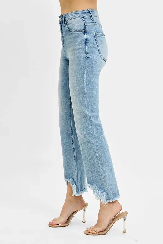 Light Wash High Rise Crop Bootcut Jeans with Fray Hem