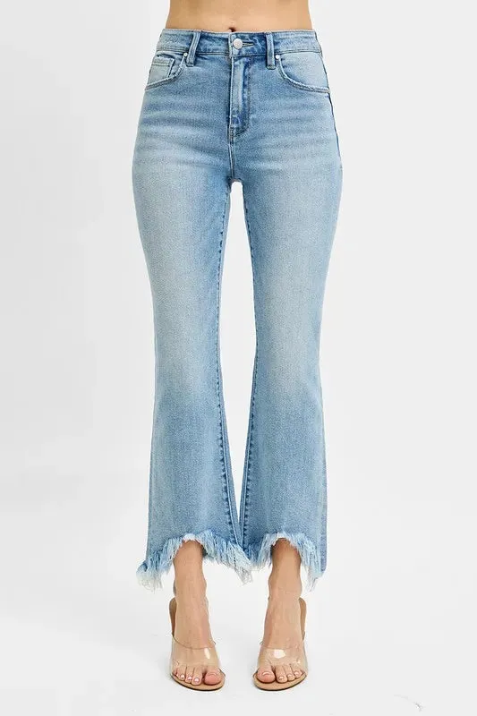 Light Wash High Rise Crop Bootcut Jeans with Fray Hem
