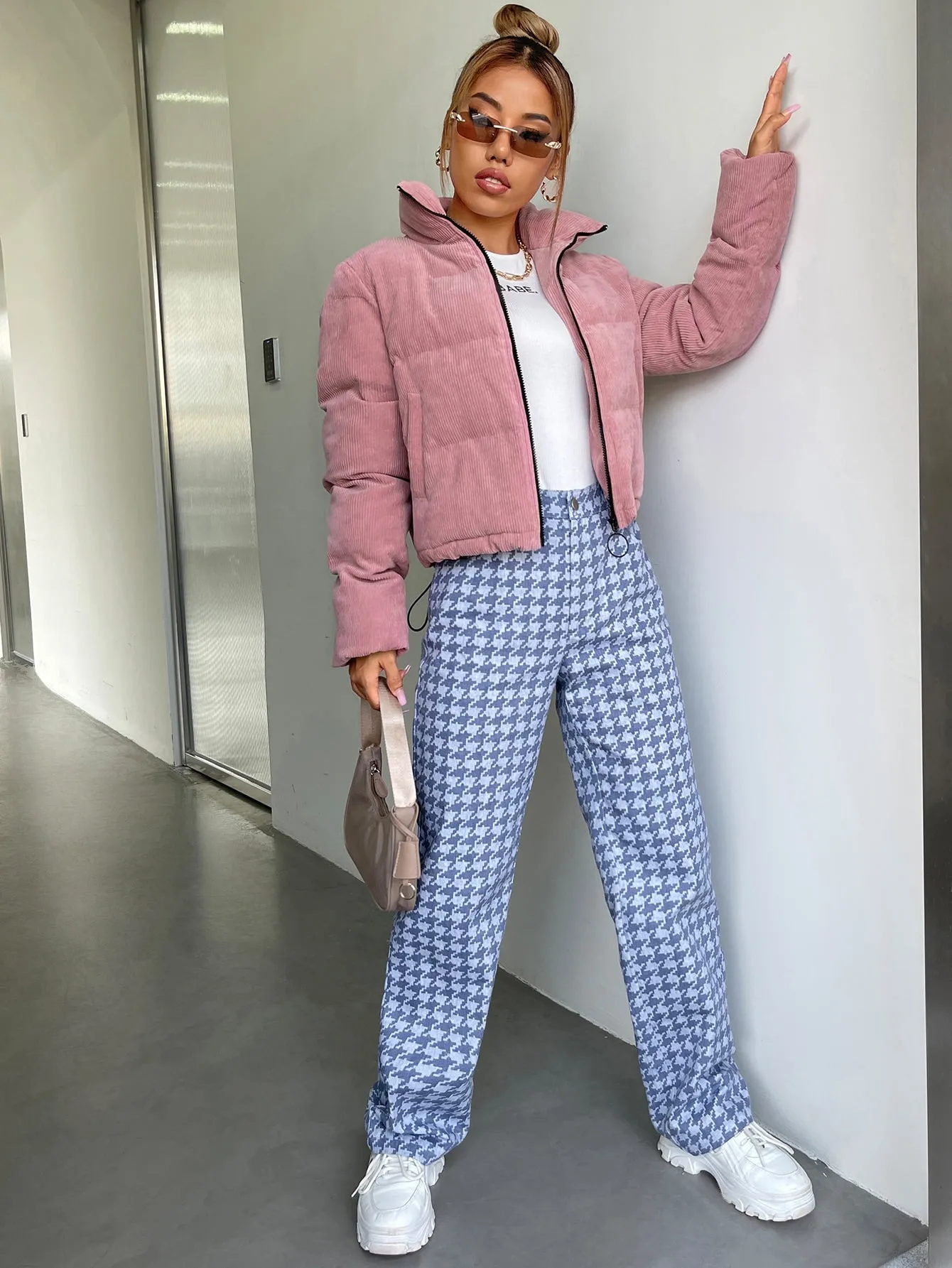 Plain Pocket Long Sleeve Collar Crop Women Winter Coat