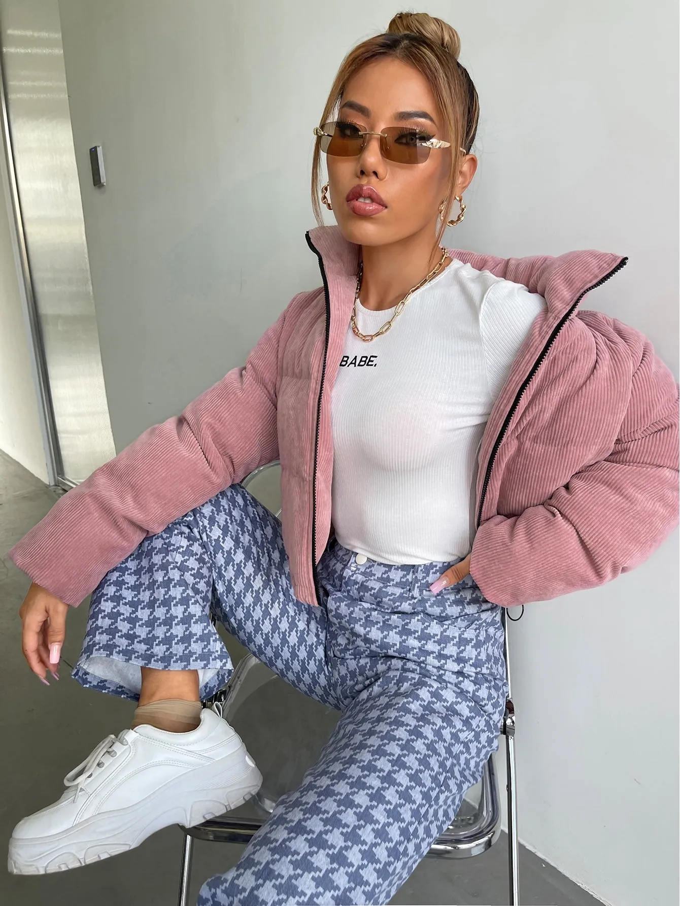 Plain Pocket Long Sleeve Collar Crop Women Winter Coat