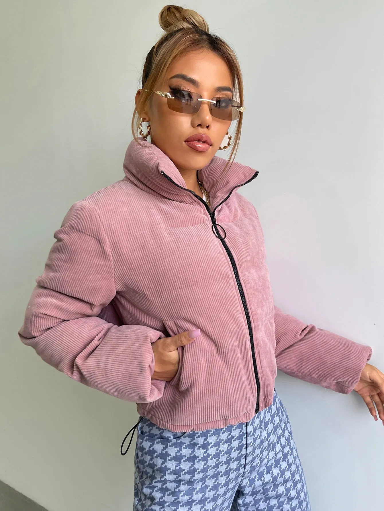 Plain Pocket Long Sleeve Collar Crop Women Winter Coat
