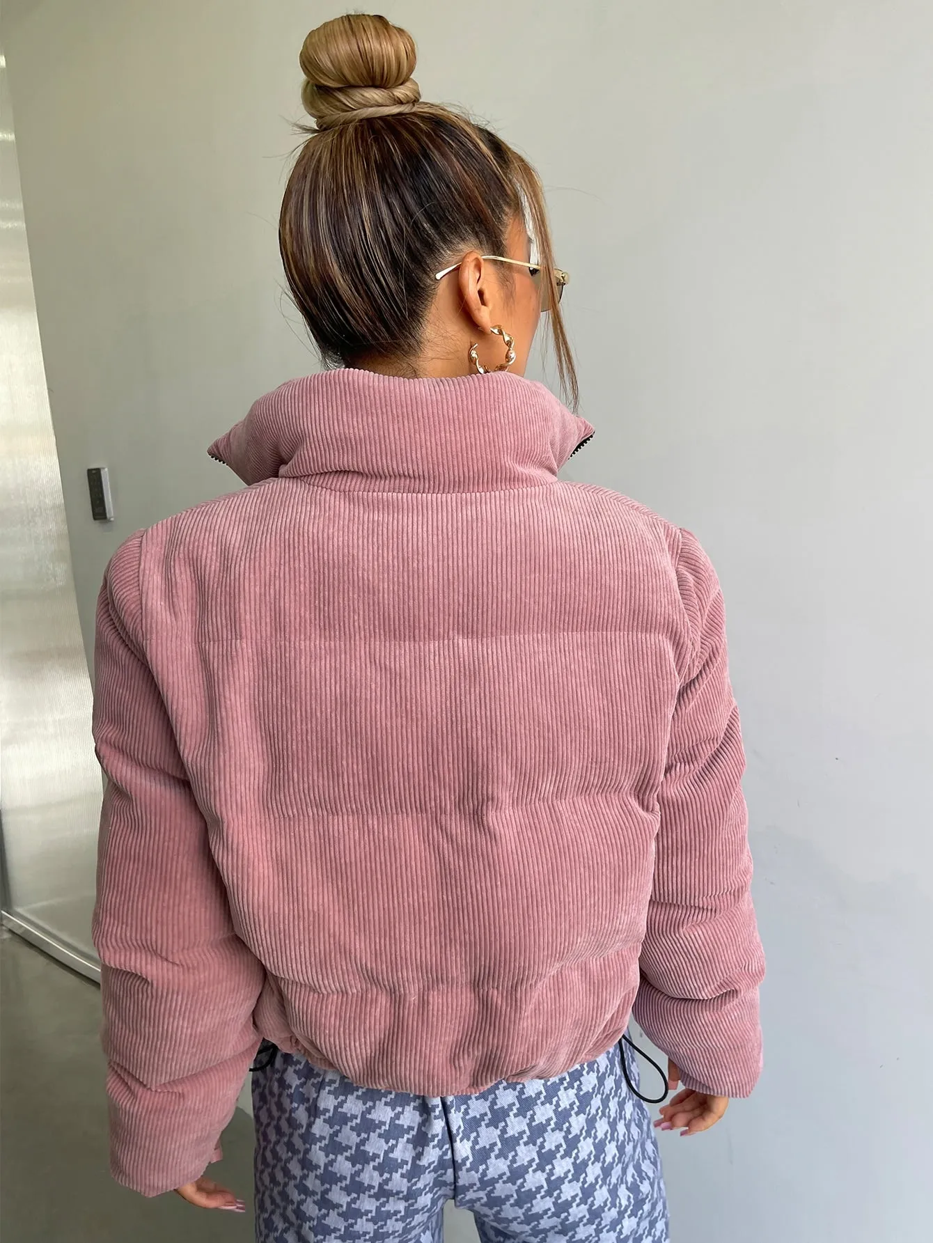 Plain Pocket Long Sleeve Collar Crop Women Winter Coat