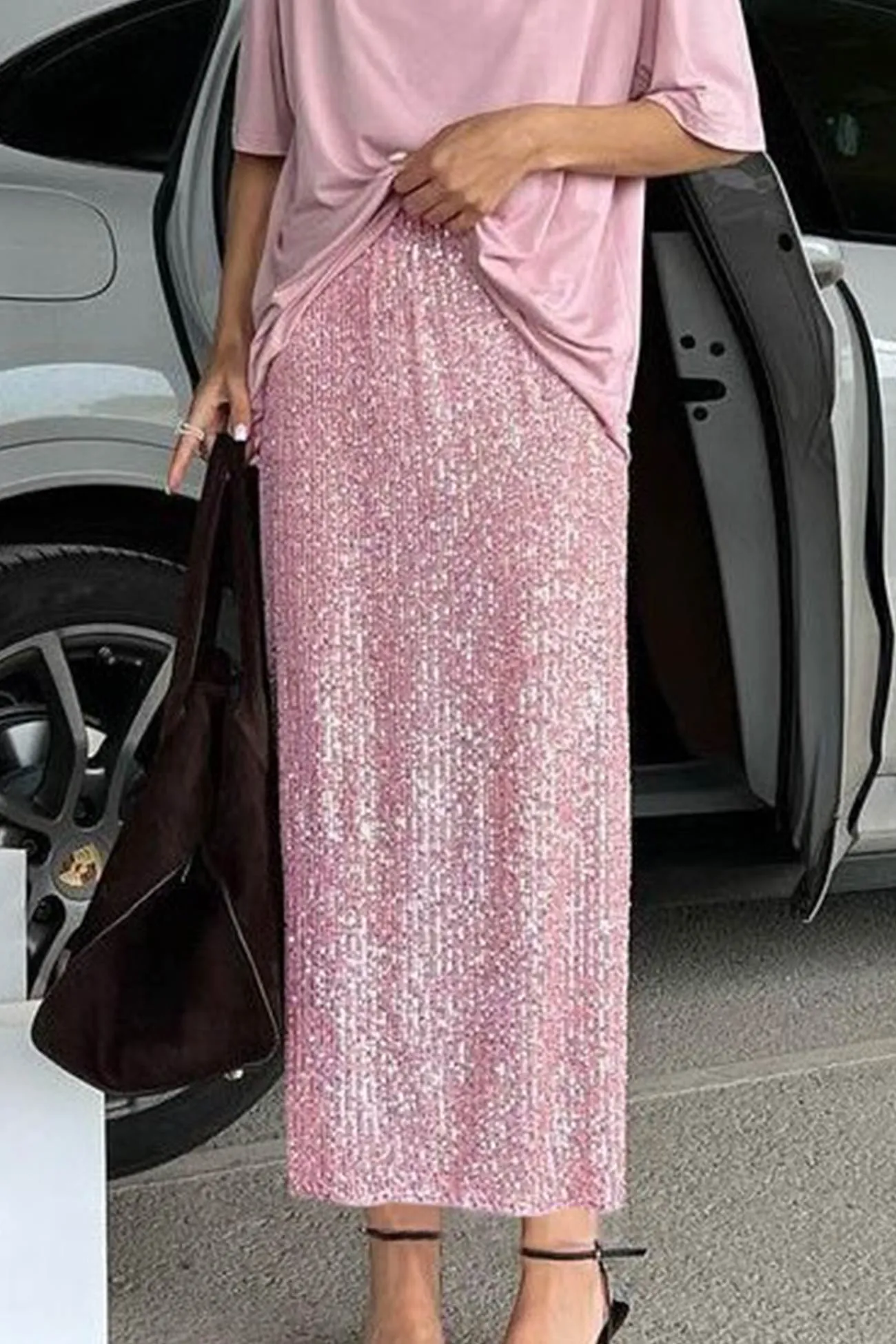 Sequins Back Slit Midi Skirt