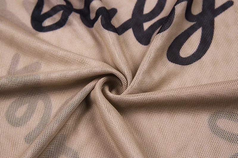 Sexy Ladies' Long Sleeve Transparent Mesh Bodysuits With Letter Print