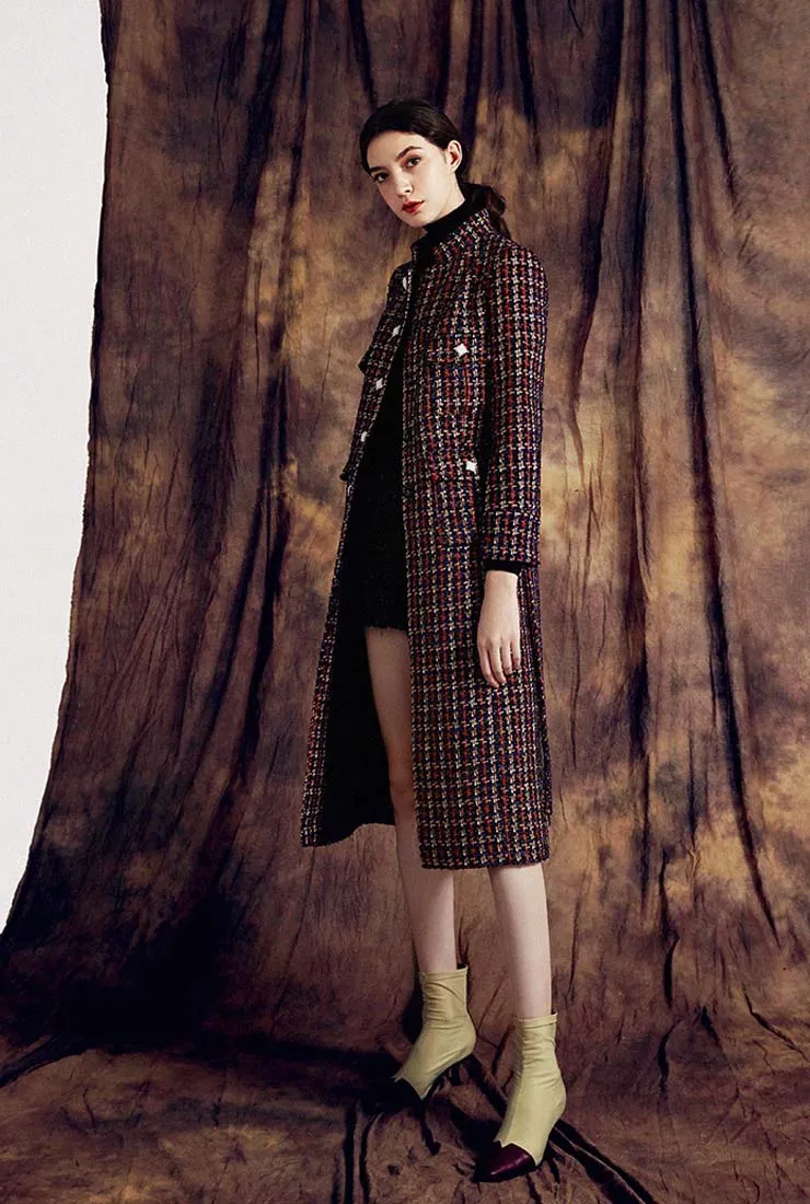 Stand Collar Women's Tweed Long Coat