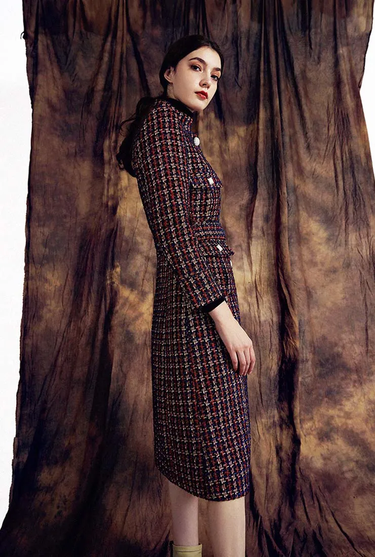 Stand Collar Women's Tweed Long Coat