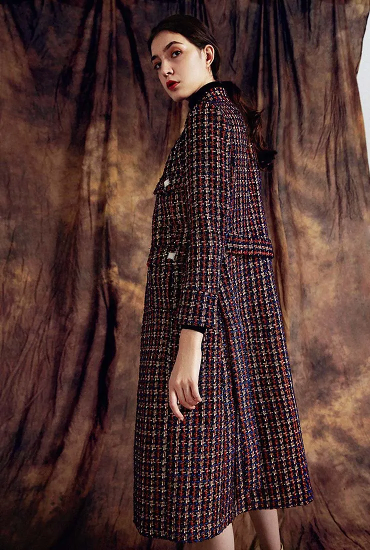 Stand Collar Women's Tweed Long Coat