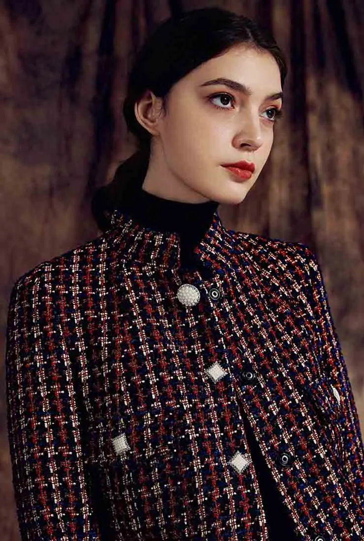 Stand Collar Women's Tweed Long Coat