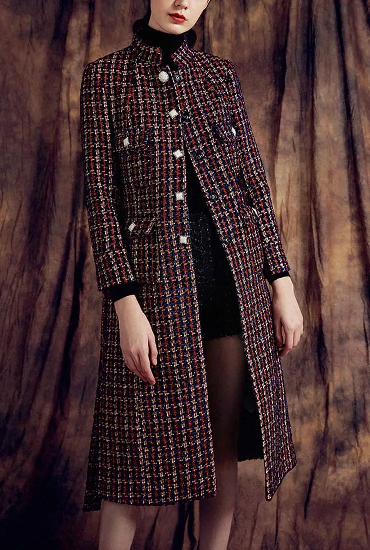Stand Collar Women's Tweed Long Coat