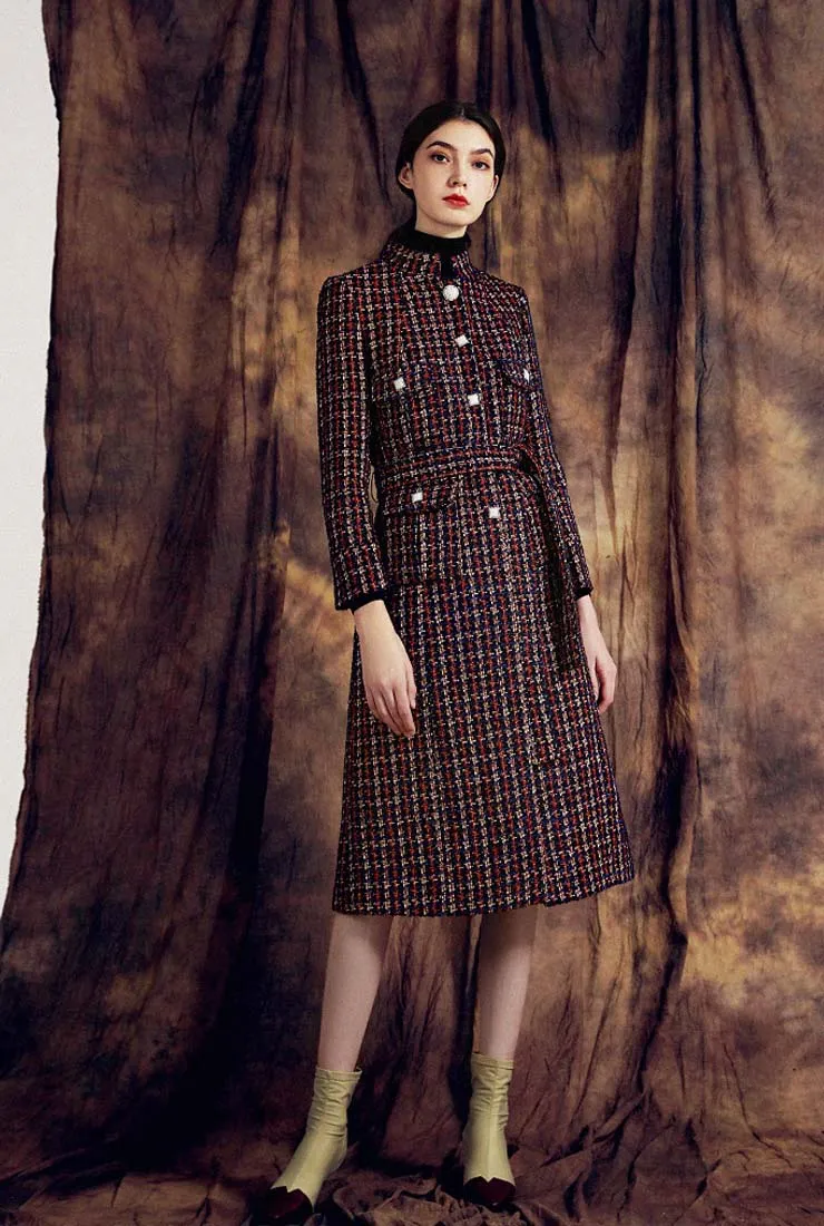 Stand Collar Women's Tweed Long Coat