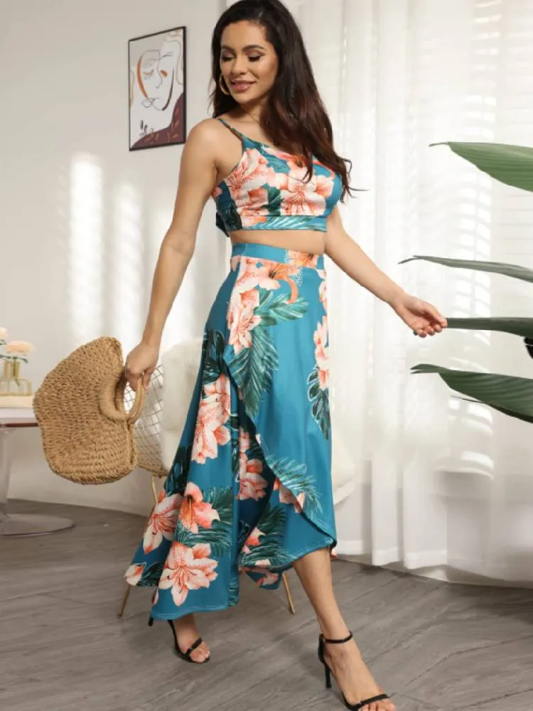 Two Piece Floral Crop Top & Midi Skirts