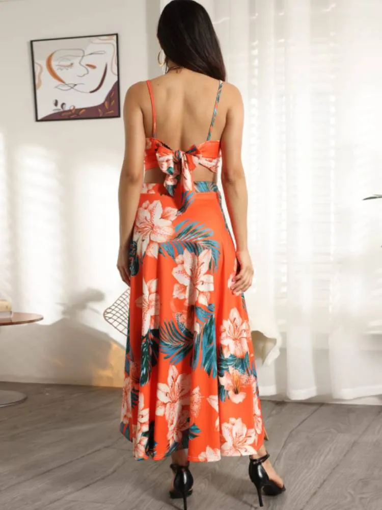 Two Piece Floral Crop Top & Midi Skirts