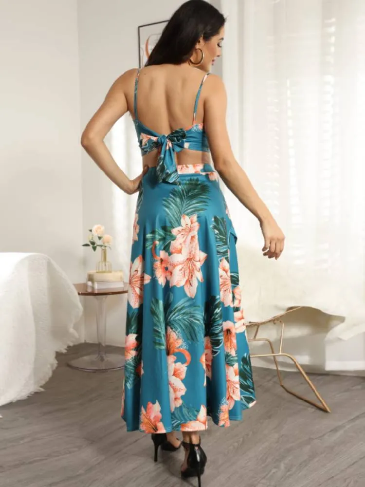 Two Piece Floral Crop Top & Midi Skirts